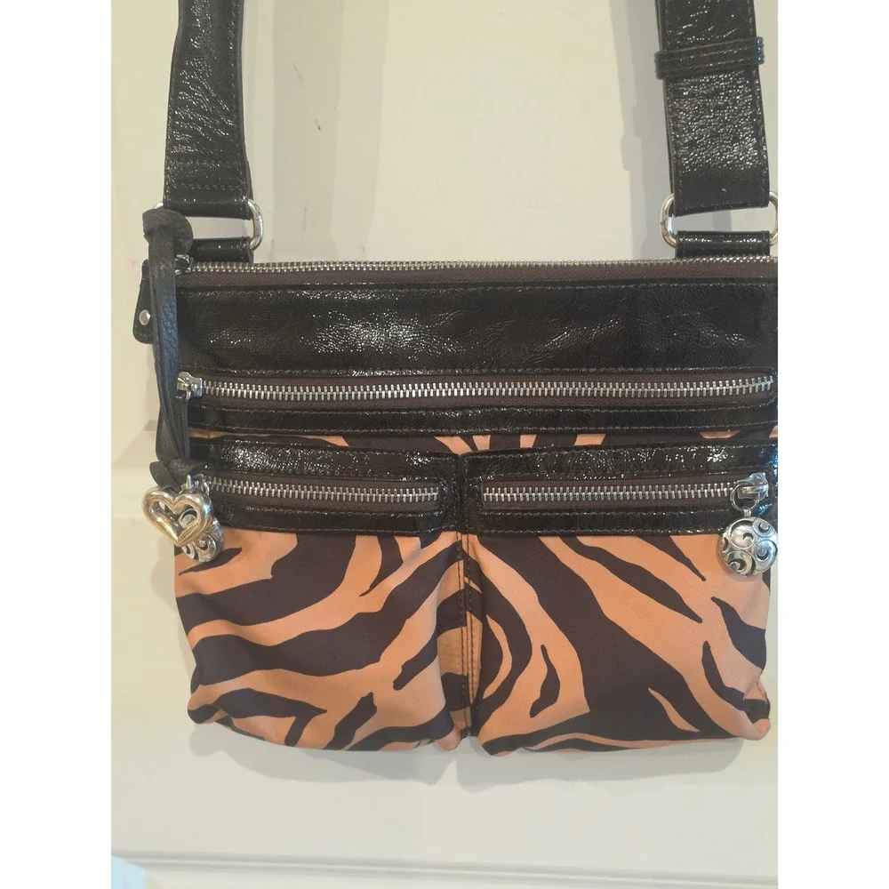 Brighton Zebra Print Crossbody Bag Black Tan Patent Trim E318211